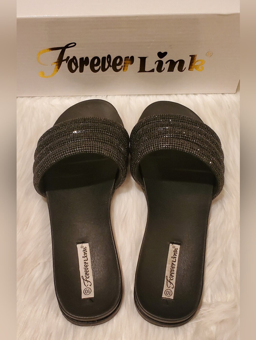 Forever Link Kilter-64 Black Rhinestone Slide Sandals Glam Sparkle Flats Size 10 - Picture 6 of 8